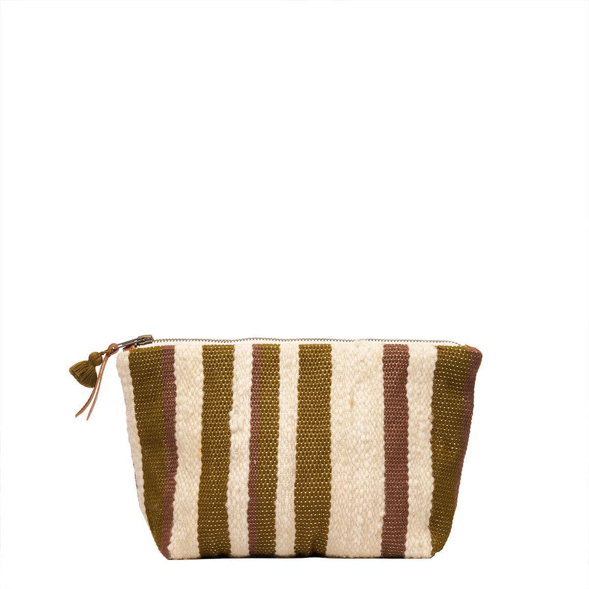 Hand woven artisan Cristina Cosmetic Pouch in Forest pattern. The front of the pouch is shown. The Forest pattern has olive green and beige vertical stripes. The pouch has a leather zipper pull and an olive green mini tassel.