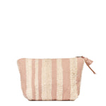 Back of the artisan hand woven Mini Cristina Cosmetic Pouch in Snow. The back has vertical pale pink and beige stripes. It has a leather zipper pull and a mini tassel in pale pink.