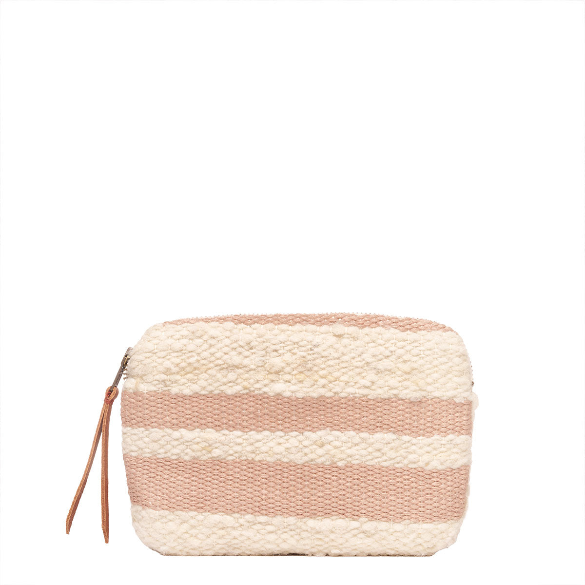 Front of the Teresa Wallet in Snow pattern. The front has a pale pink and beige horizontal stripe pattern. It has a leather zipper pull.