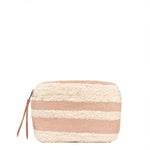 Front of the Teresa Wallet in Snow pattern. The front has a pale pink and beige horizontal stripe pattern. It has a leather zipper pull.