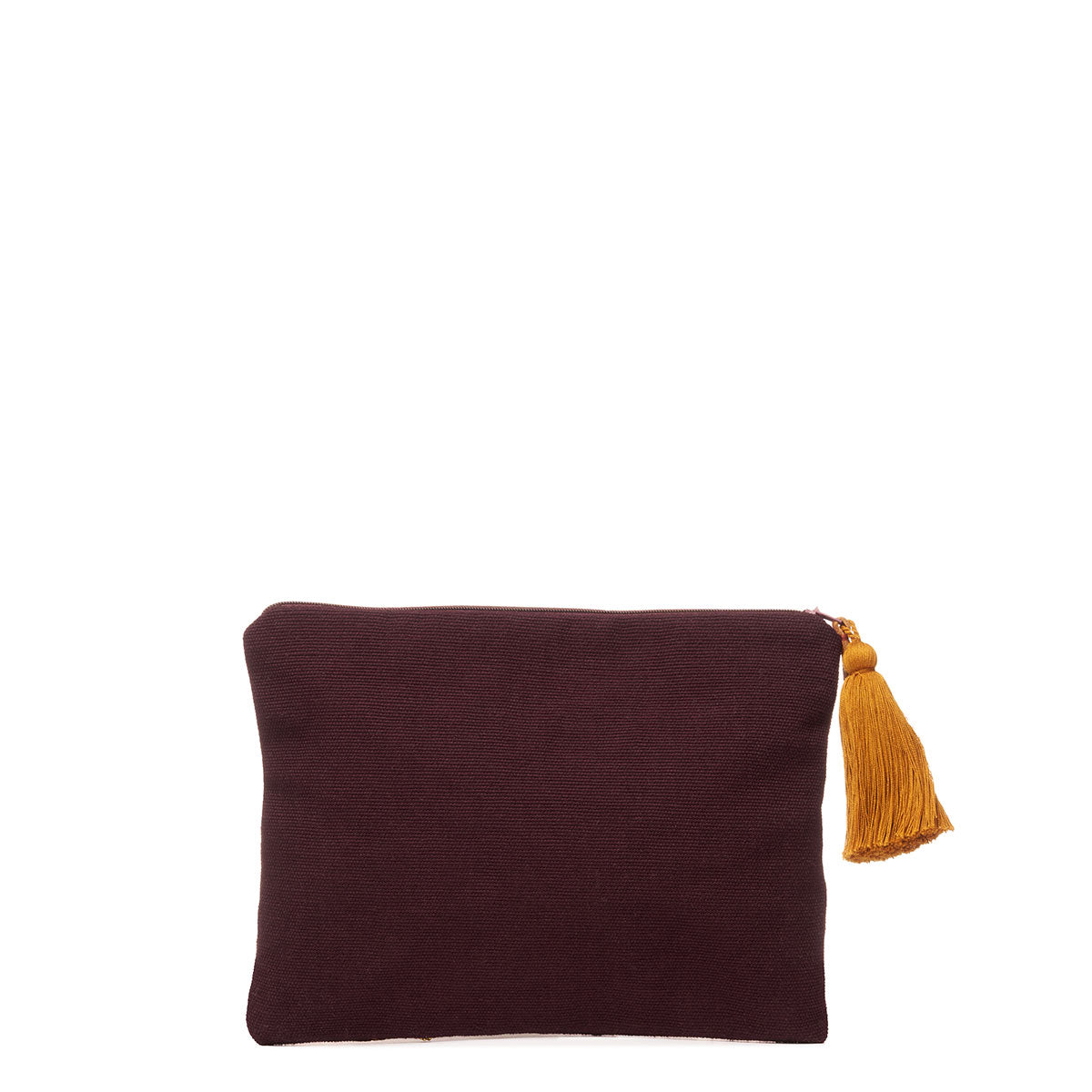 Back of the Raquel Clutch in Season Sparkle. The back has a dark brown solid color.