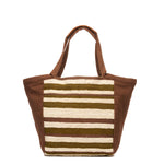 Back of the artisan hand woven Rosa Tote in Forest pattern. The Forest pattern has olive green and beige yellow horizontal stripes with brown triangular finishes and handles.