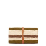 Hand woven artisan Rebeca Tech Case in Forest color. The back of the case is shown. It has stripes in olive green, beige, and brown. It is wrapped in a leather cord.