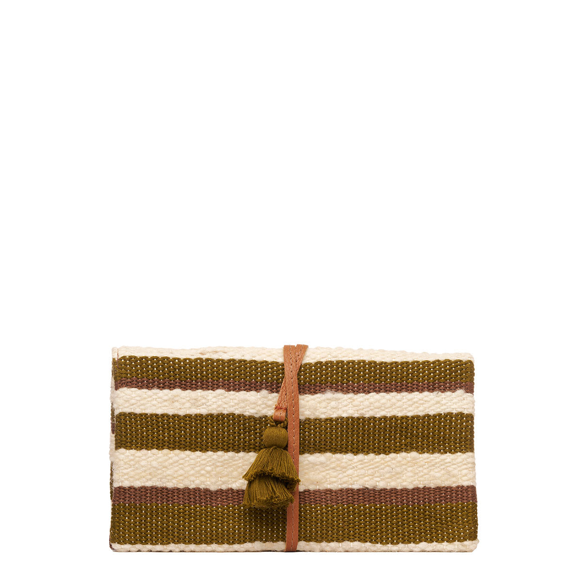 Hand woven artisan Rebeca Tech Case in Forest color. The front is shown with olive green, beige, and brown horizontal stripes. It is tied in a leather cord with a green tassel attached to the end.