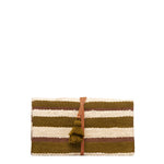 Hand woven artisan Rebeca Tech Case in Forest color. The front is shown with olive green, beige, and brown horizontal stripes. It is tied in a leather cord with a green tassel attached to the end.