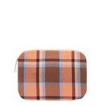 Hand woven artisan Elenita Laptop Case in Brickstone pattern. The pattern is plaid in blue, orange, and brown colors. It has a small leather zipper pull to the left side.