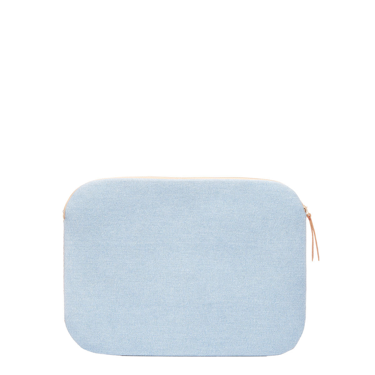 Hand woven artisan Elenita Laptop Case in Brickstone color. The back has a light blue solid color. A small leather zipper pull is attached to the right side.