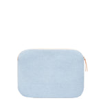 Hand woven artisan Elenita Laptop Case in Brickstone color. The back has a light blue solid color. A small leather zipper pull is attached to the right side.