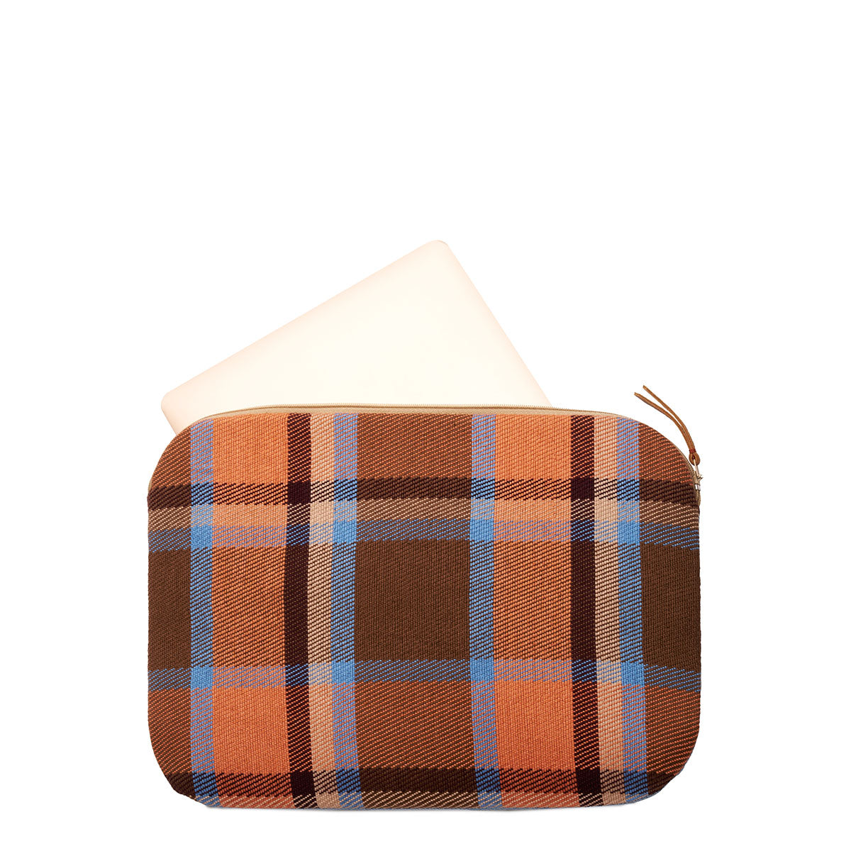Hand woven artisan Elenita Laptop case in Brickstone color. The case is shown open with a computer sliding into it at a diagonal. The case has a plaid pattern with blue, orange, and brown colors. It has a leather zipper pull.
