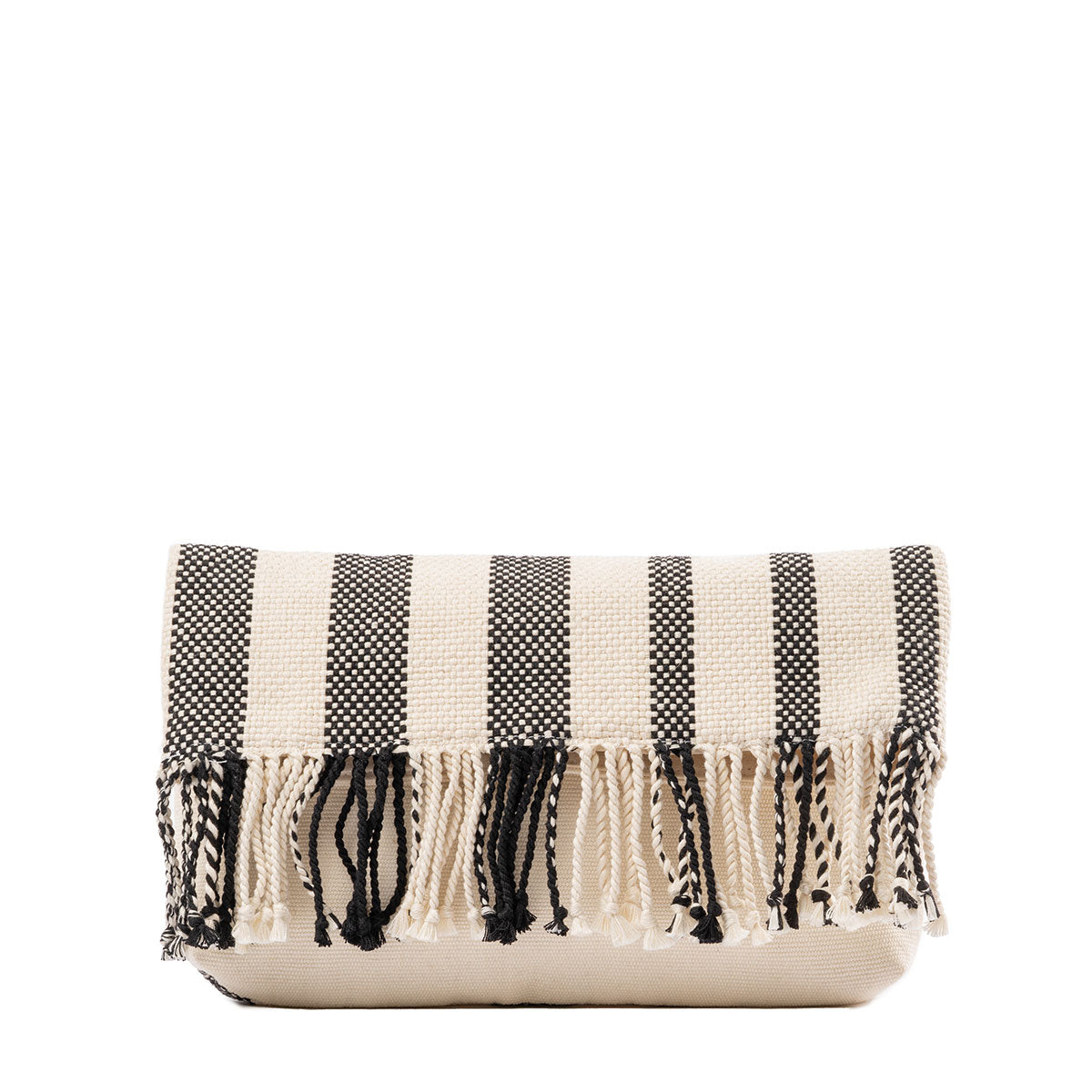 Margarita Clutch Tourmaline Basket Weave. The front is folded over with a black and white woven pattern and fringe.