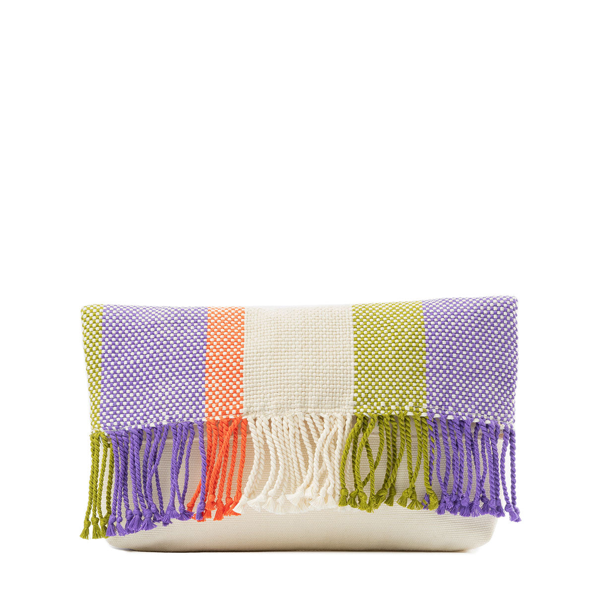 Margarita Clutch Prism Basket Weave. The front is folded over with a woven olive green, purple, and orange pattern and fringe.