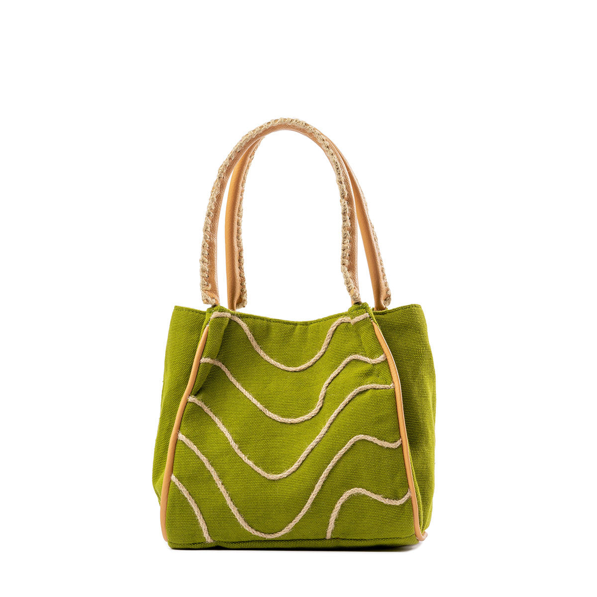 Front of the hand woven artisan Flora Petite Crossbody in Turf Moss. The Turf Moss pattern has wavy horizontal lines over a green background. It has embroidered detailing on the leather handles. It is shown without the leather strap.