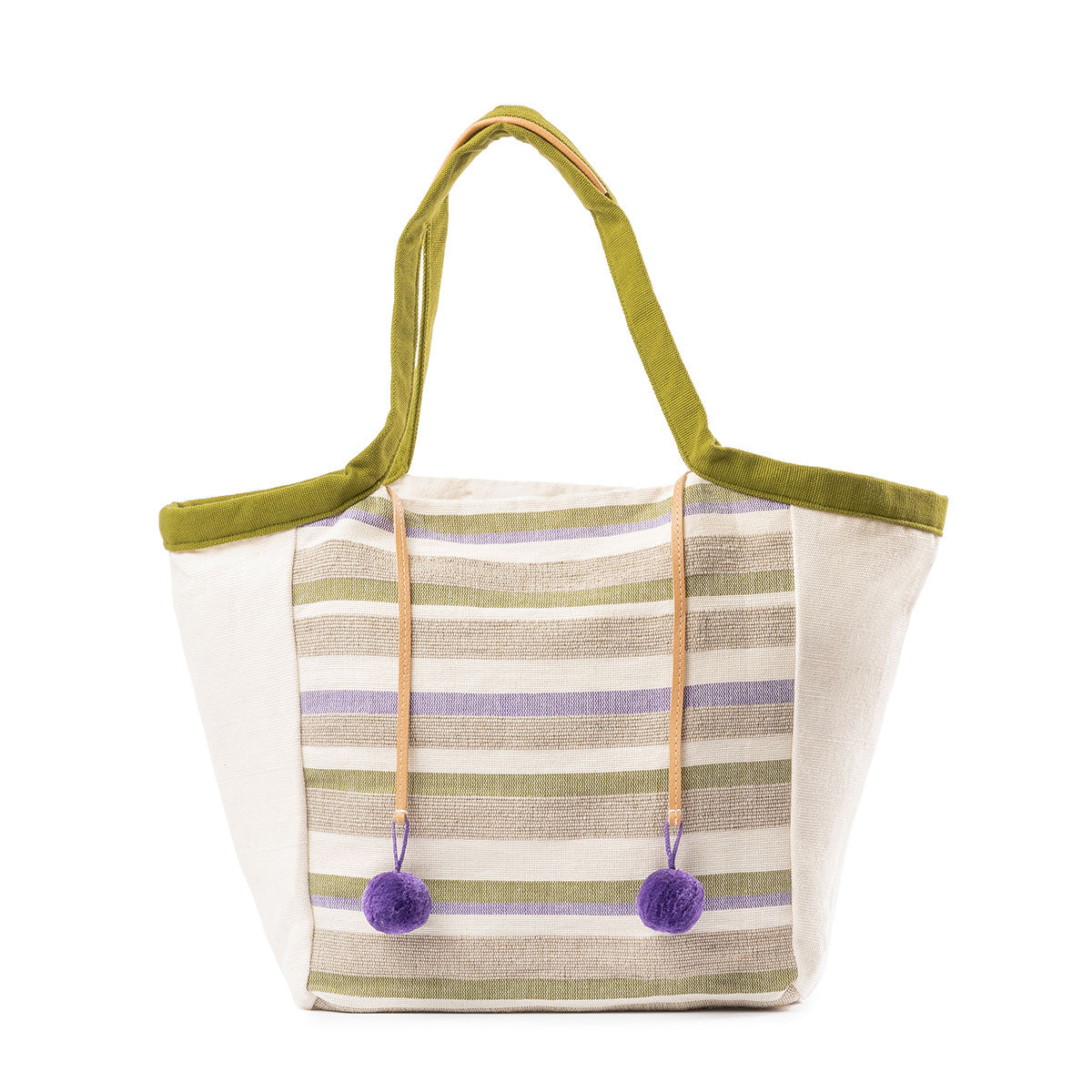 Artisan Rose Handwoven Tote in Woodland Stripes. The center has a pastel green, purple, and beige horizontal stripe pattern. The sides have beige fabric. It has moss green handles with leather detailing. It has two purple pompoms attached to leather cords.