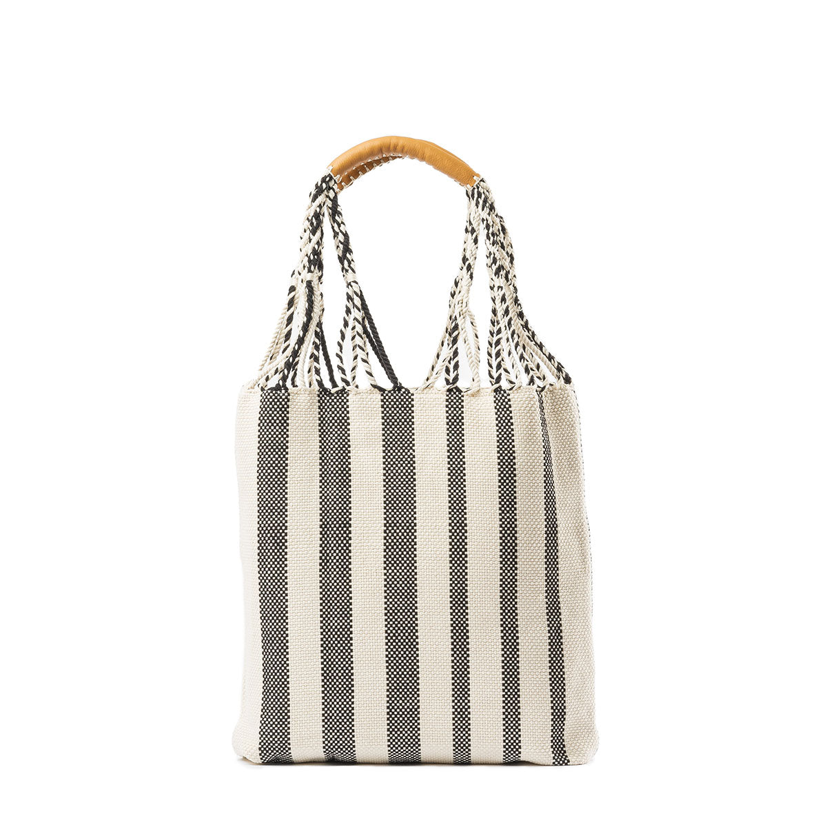 Apolonia Tote Tourmaline Basket Weave. The Apolonia has woven cords attached to leather handles. The Tourmaline pattern has vertical black and white stripes.