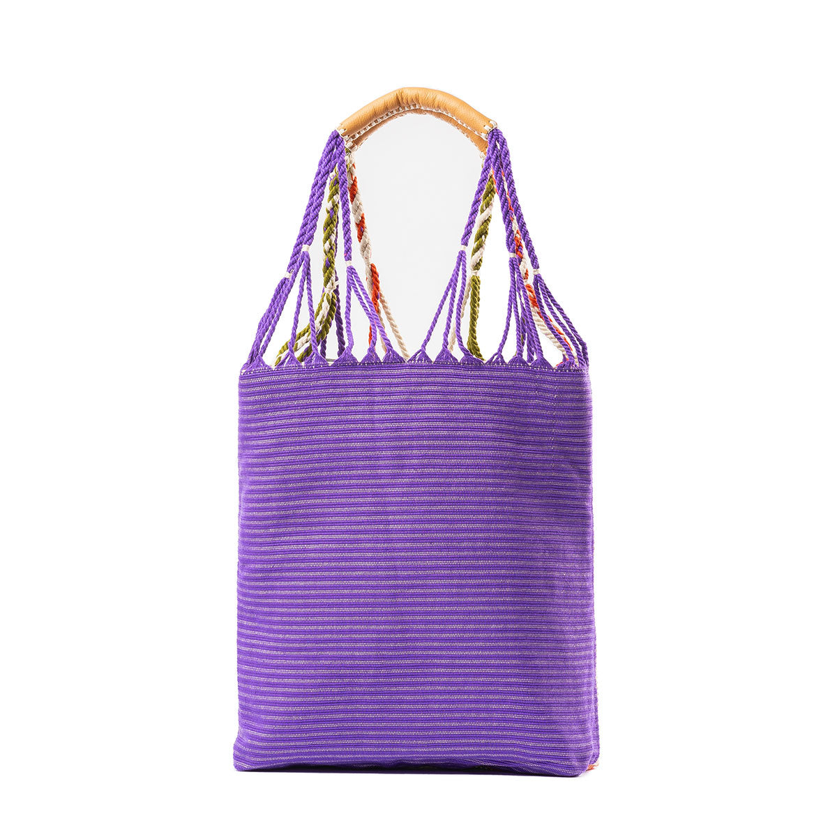 Apolonia Tote Prism Basket Weave. Back of the tote has a purple tones with thin horizontal stripes.