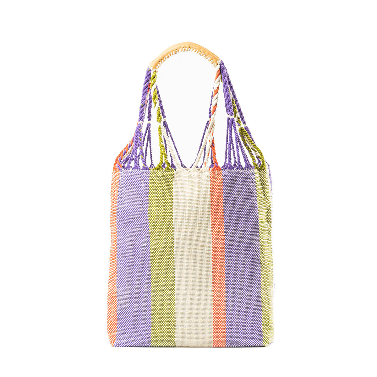 Apolonia Tote Prism Basket Weave. The bag has cords attached to the leather handles. The Prism pattern has woven orange, purple, and green stripes.
