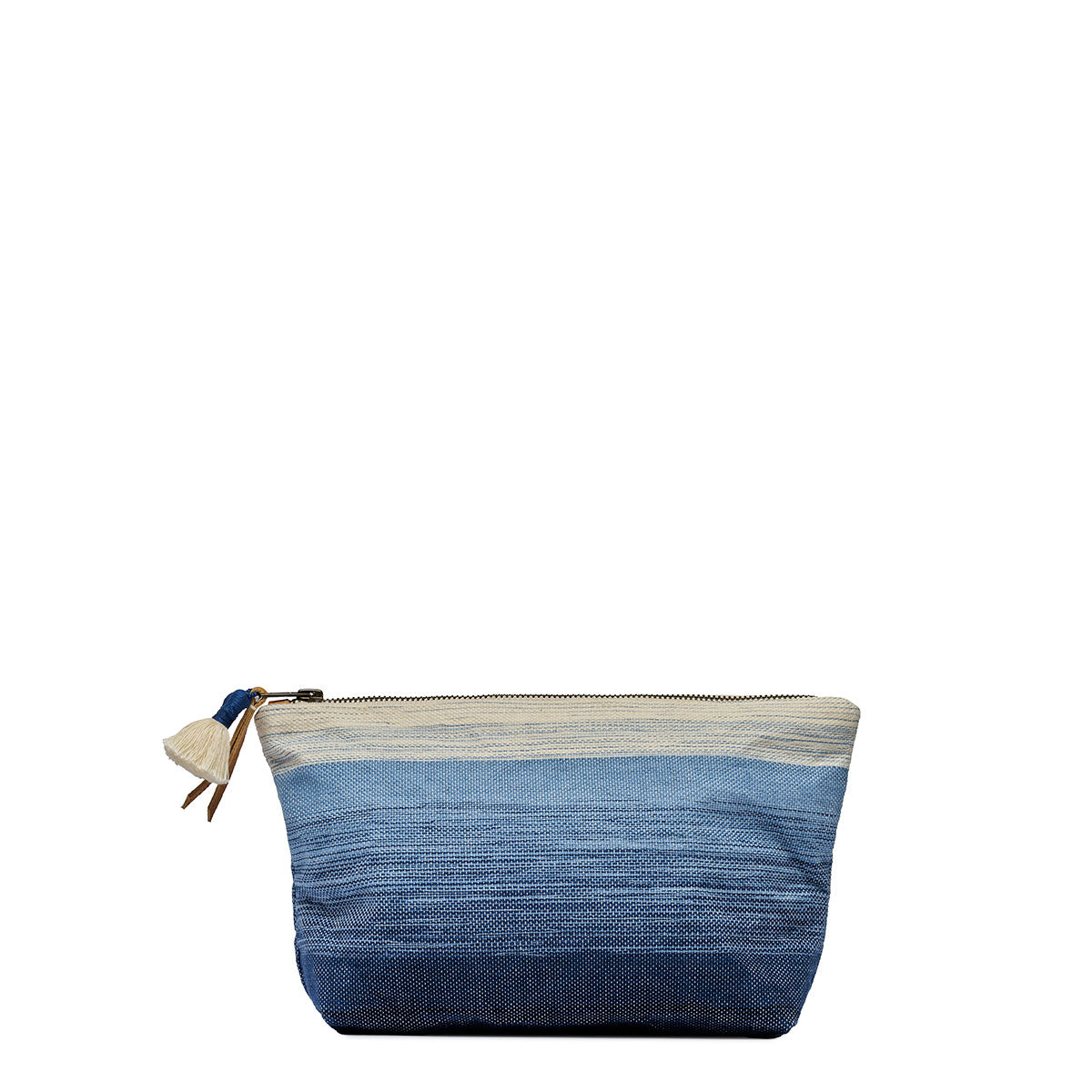 Front view of the Cristina Pouch in Ocean Breeze. It has a gradient woven pattern white to dark blue. It has a white tassel and leather zipper pull.