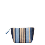 Front view of the Mini Cristina Pouch in Skyscape. The pattern has vertical navy, beige, and light blue stripes. The zipper has a woven blue tassel.