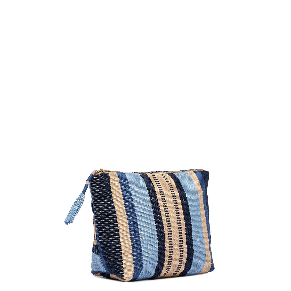 Left-sided angle view of the Front view of the Mini Cristina Pouch in Skyscape. The front pattern has vertical navy, beige, and light blue stripes. The zipper has a woven blue tassel.