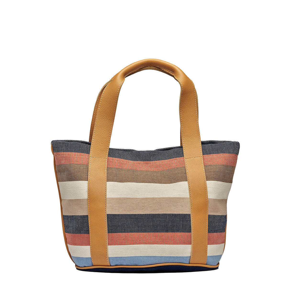 Front view of the Magali Tote in Blue Canyon. It has horizontal navy, orange, tan, beige, and light blue stripes. It has leather handles.