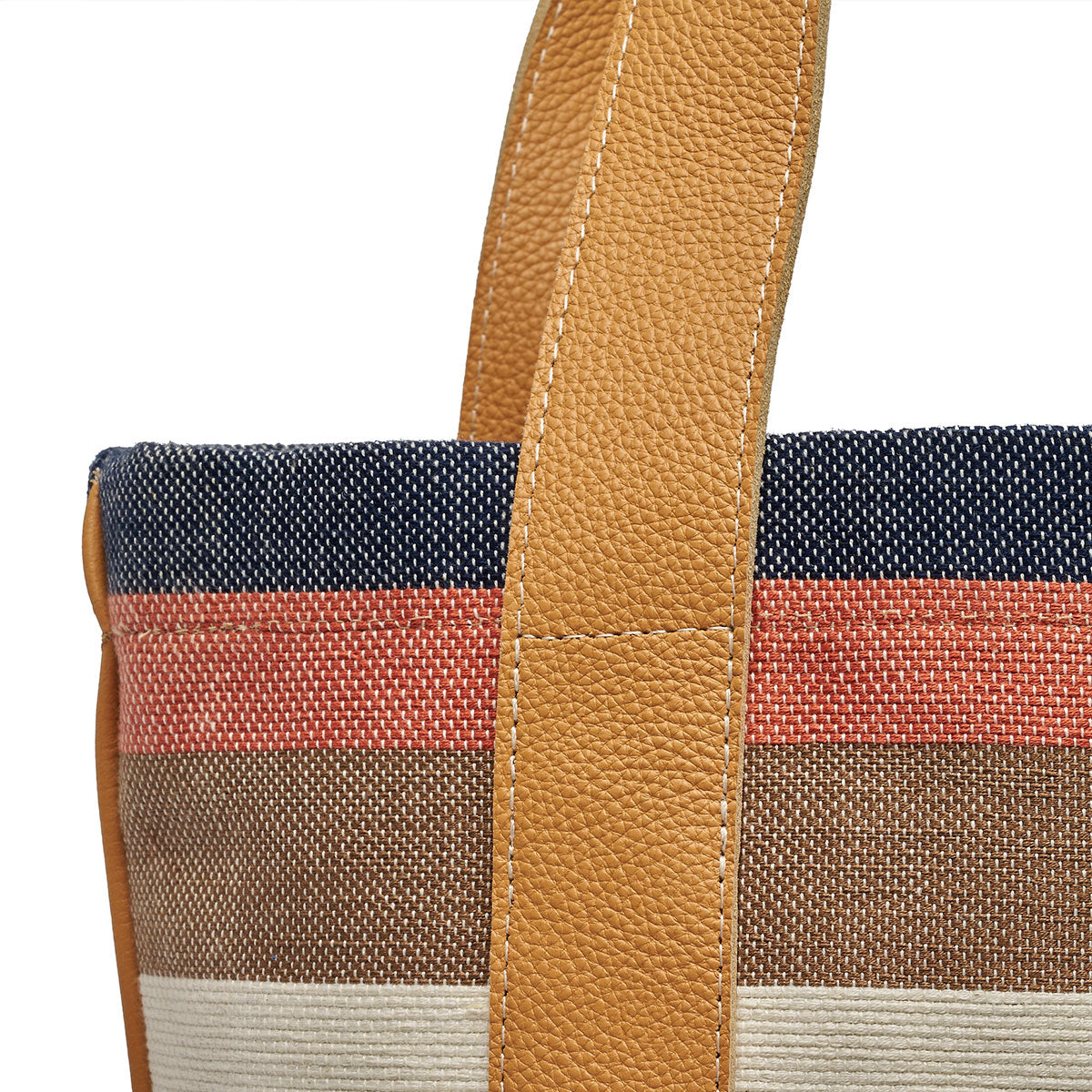 Magali Tote in Blue Canyon. Close up detail of stitches on the leather handles.