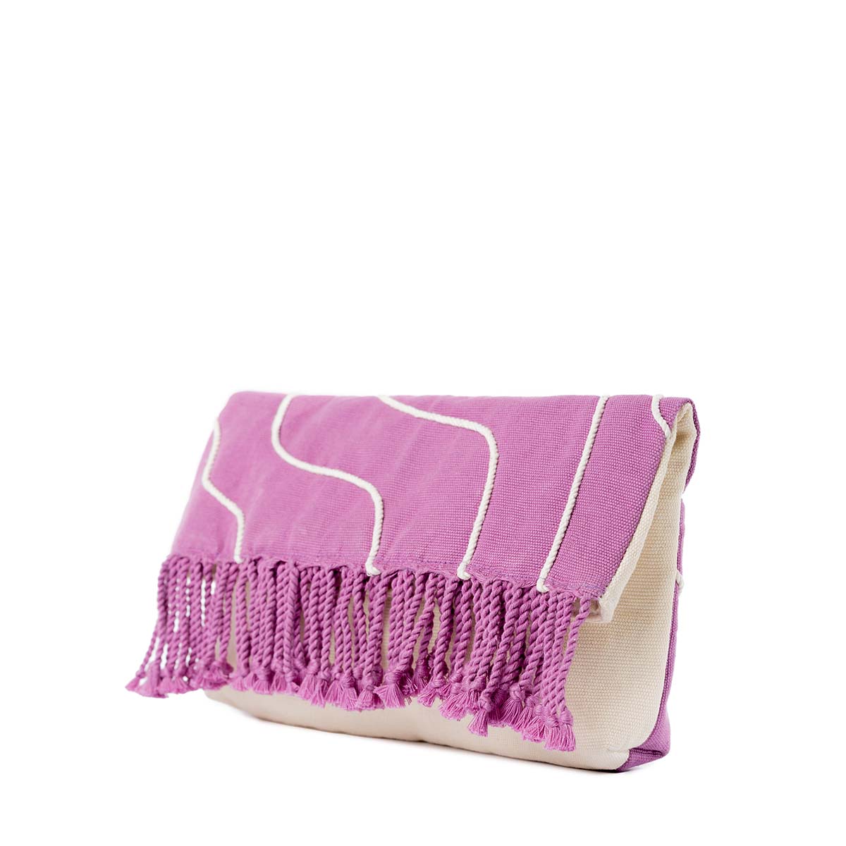 Right-sided angle of the hand woven artisan Margarita Clutch in Cosmic Waves. It has a magenta solid background with thin wavy white stripes. The top has magenta fringe.