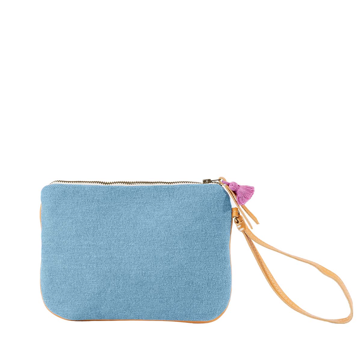 The back of the hand woven artisan Mini Lily Wristlet in Cream Soda. The back has a solid sky blue color. It has a leather wrist strap and a mini pink tassel.