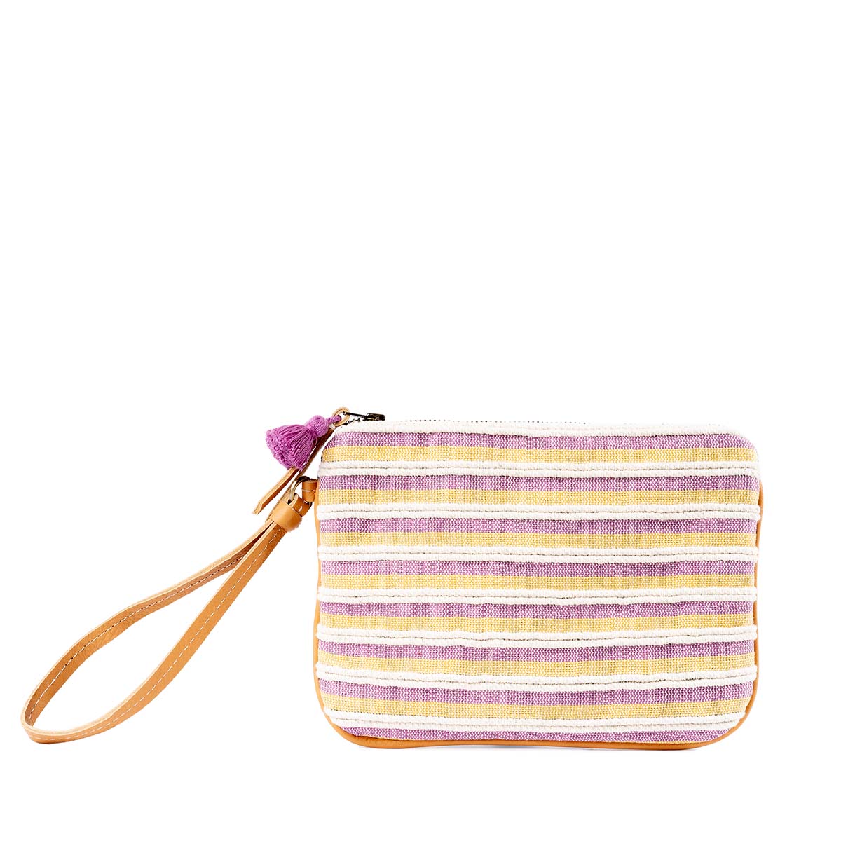 Front of the hand woven artisan Mini Lily Wristlet in Cream Soda pattern. The pattern has thin horizontal stripes of pastel yellow, beige, and pink. It has a leather wrist strap and a mini pink tassel.