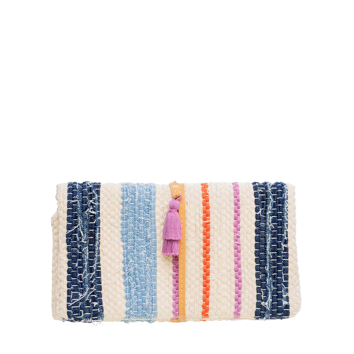 The front of the hand woven artisan Rebeca Tech Case in Spring Sherbert. It has vertical dark blue, sky blue, pink, and orange woven stripes. It is wrapped in a leather cord with a pink tassel.