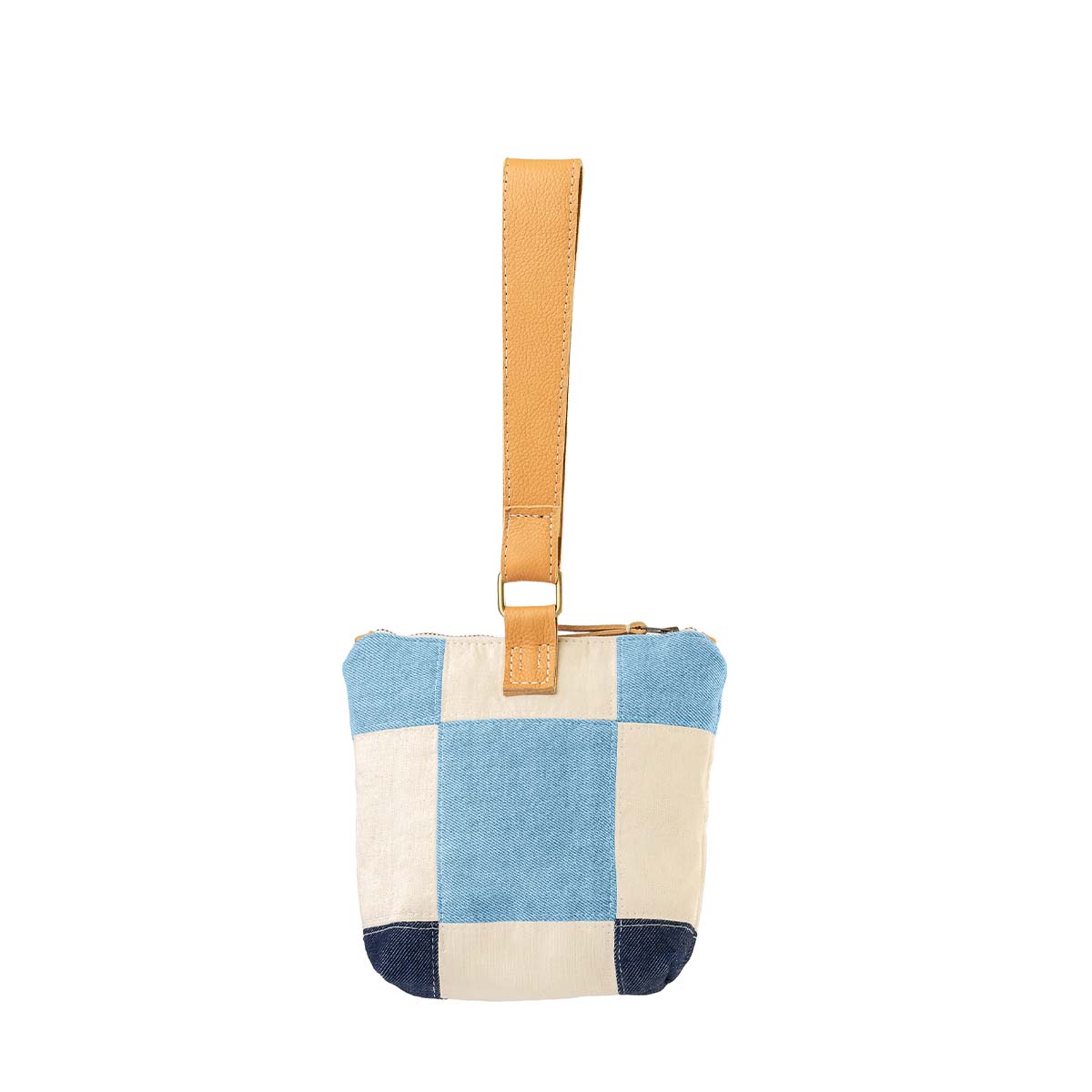 Back of the hand woven artisan Ofelia Clutch in 90s Denim. It has a checkerboard pattern of light wash and dark wash denim. It has a thick leather wrist strap.