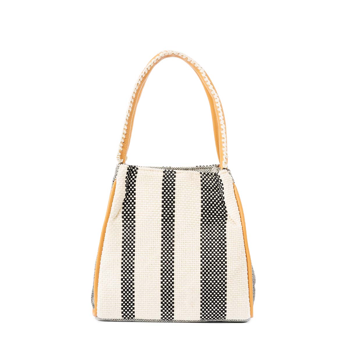 Back of the hand woven artisan Flora Petite Tote in Tourmaline pattern. It has vertical white and black stripes. It has a leather handle with white embroidery.