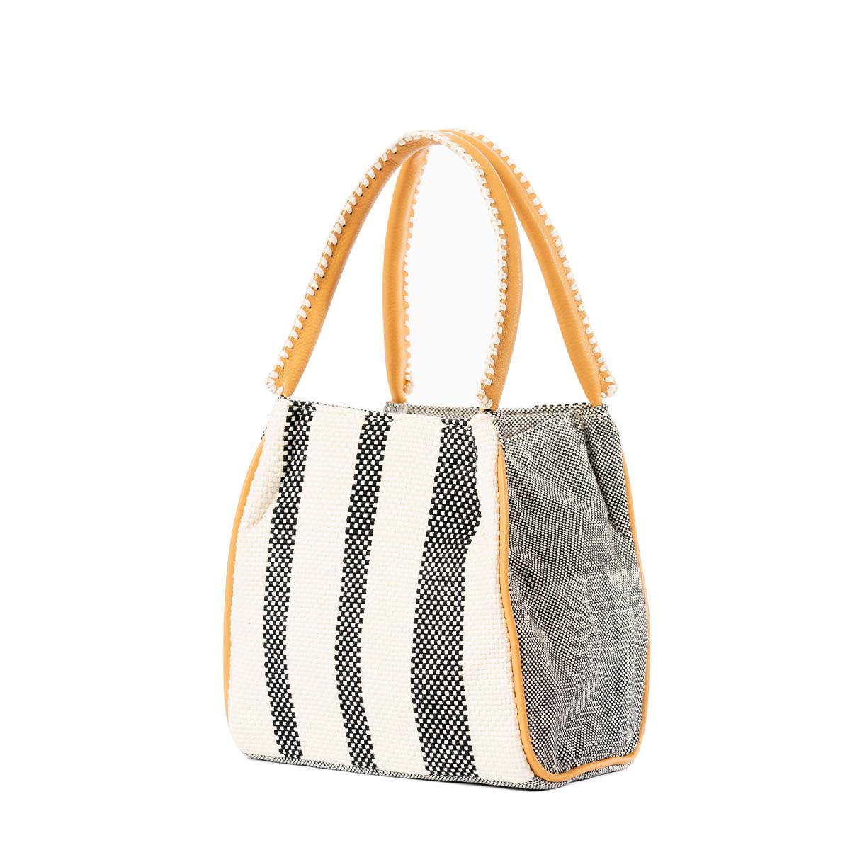 Right-sided angle of the artisan hand woven Flora Petite Tote in Tourmaline pattern. It has vertical white and black stripes. It has leather handles with white embroidery. The sides have a solid woven grey color.