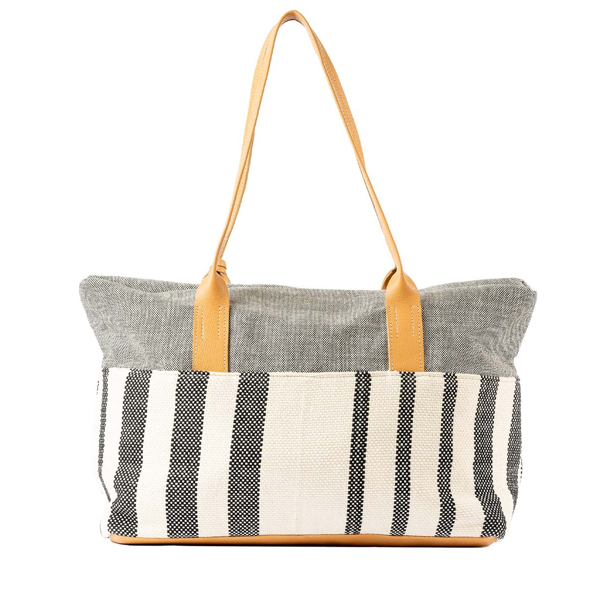 The back of the Soledad Weekender in Tourmaline pattern.It has grey and white vertical stripes and leather handles.