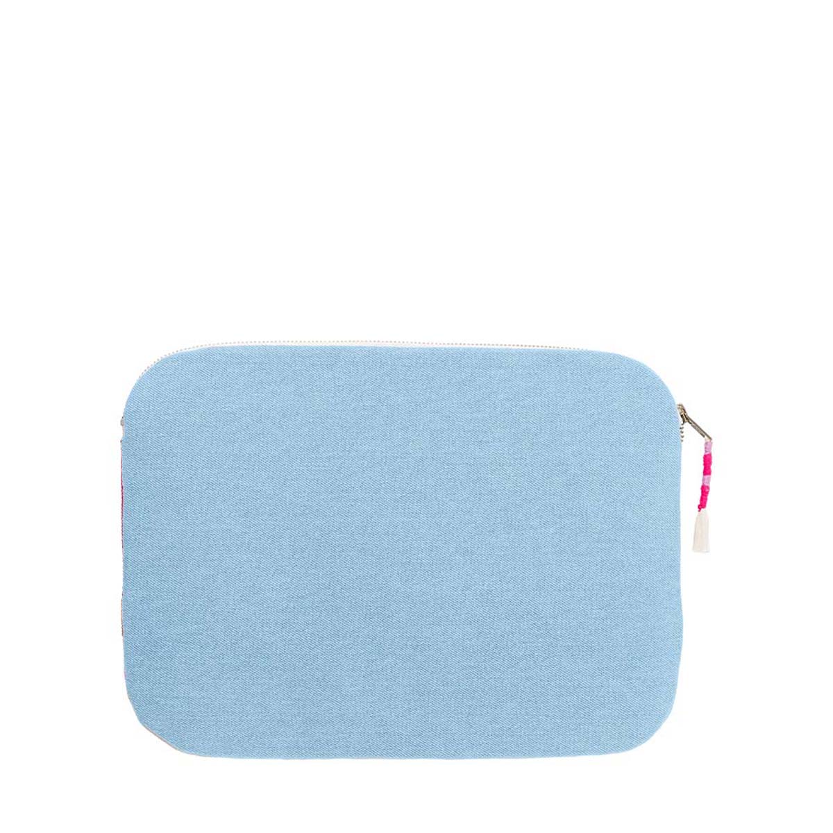 The Elenita Laptop Case in Raspberry Paleta. The back has a solid sky blue color and a mini woven tassel attached to the zipper.