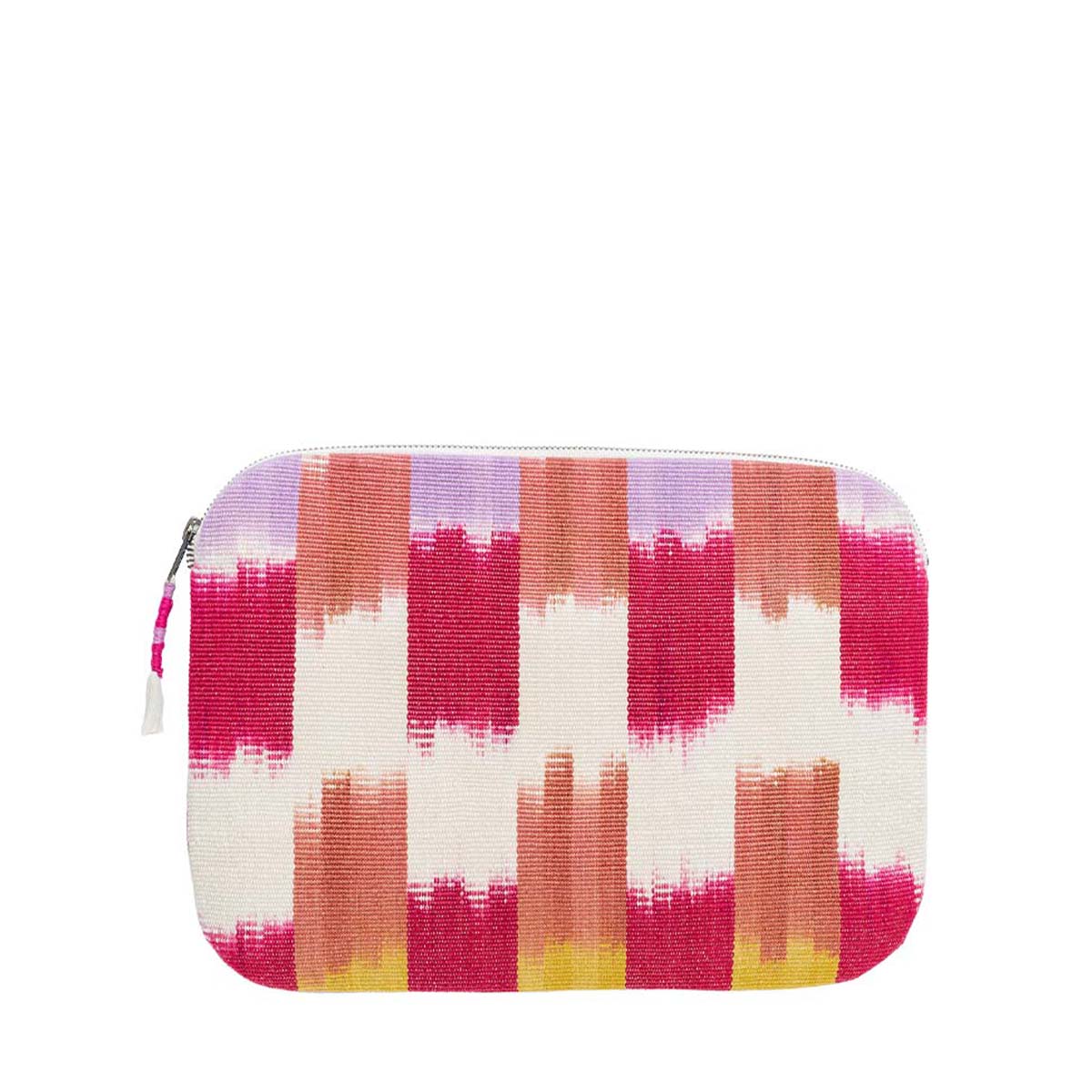 The Elenita Laptop Case in Raspberry Paleta. The front has a watercolor red, purple, yellow, and orange pattern, and a mini woven tassel attached to the zipper.