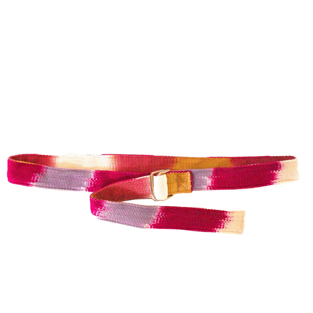 The Celeste Belt in Raspberry Paleta pattern. It has a flame stitch red, purple, yellow ochre, and white pattern.