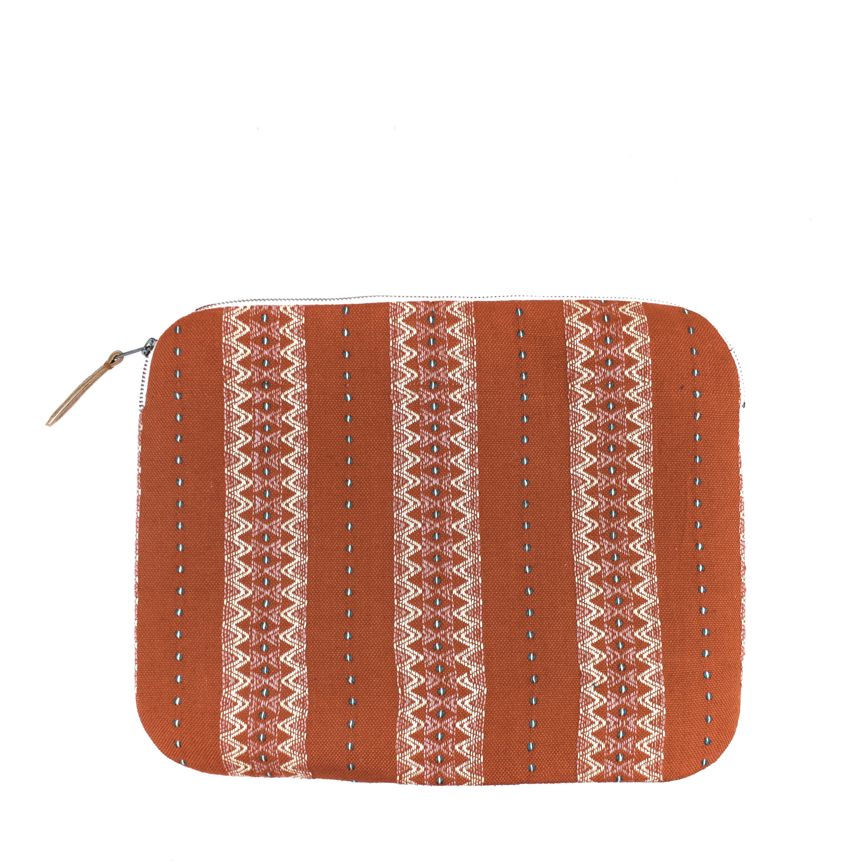 Cesia 16'' Hand woven artisan Ginger Laptop Case. The fabric has a zigzag white pattern over an orange background. It has a leather zipper pull.