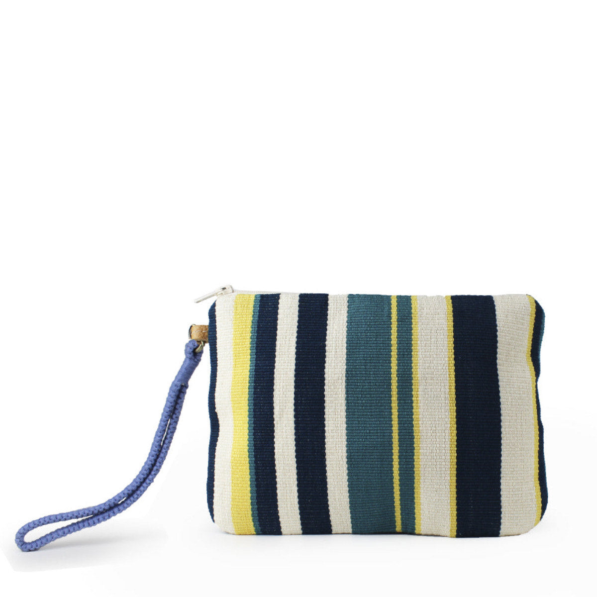 Front of the hand woven artisan Mini Lily Wristlet Clutch in Denim Pacific. The front pattern has vertical dark blue, turquoise, and lemon yellow stripes. It has a woven blue hand strap.