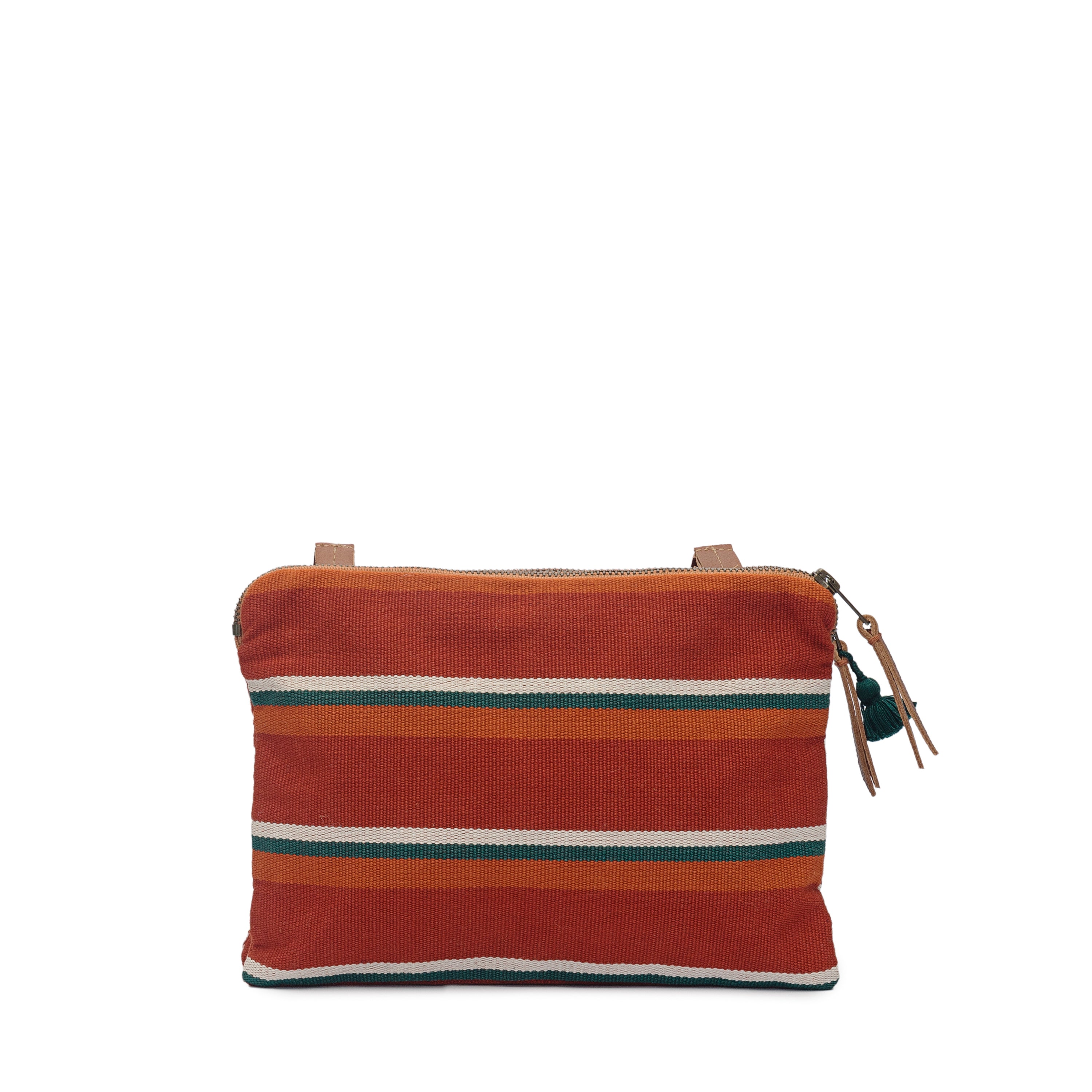 Back of the hand woven artisan Miriam Crossbody bag in Ginger. The back pattern has orange, white, and green horizontal stripes.