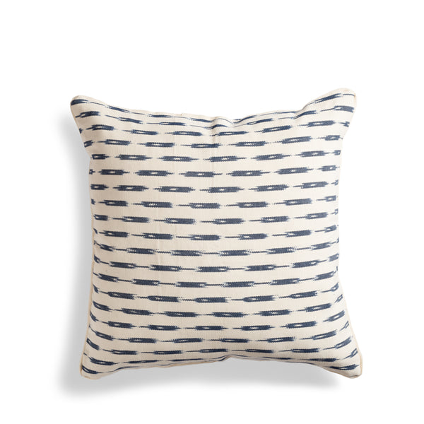 Handwoven artisan 20" Atitlan Jaspe Ikat Square Pillow. It has an abstract pattern of horizontal stripes and rectangles in dark grey on a white background.