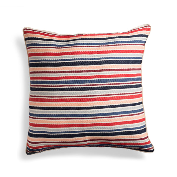 Hand woven 24" Square Pillow - Ethical Shopping at Mercado Global - The pillow has horizontal red, peach, dark blue, light grey, and white thin stripes.