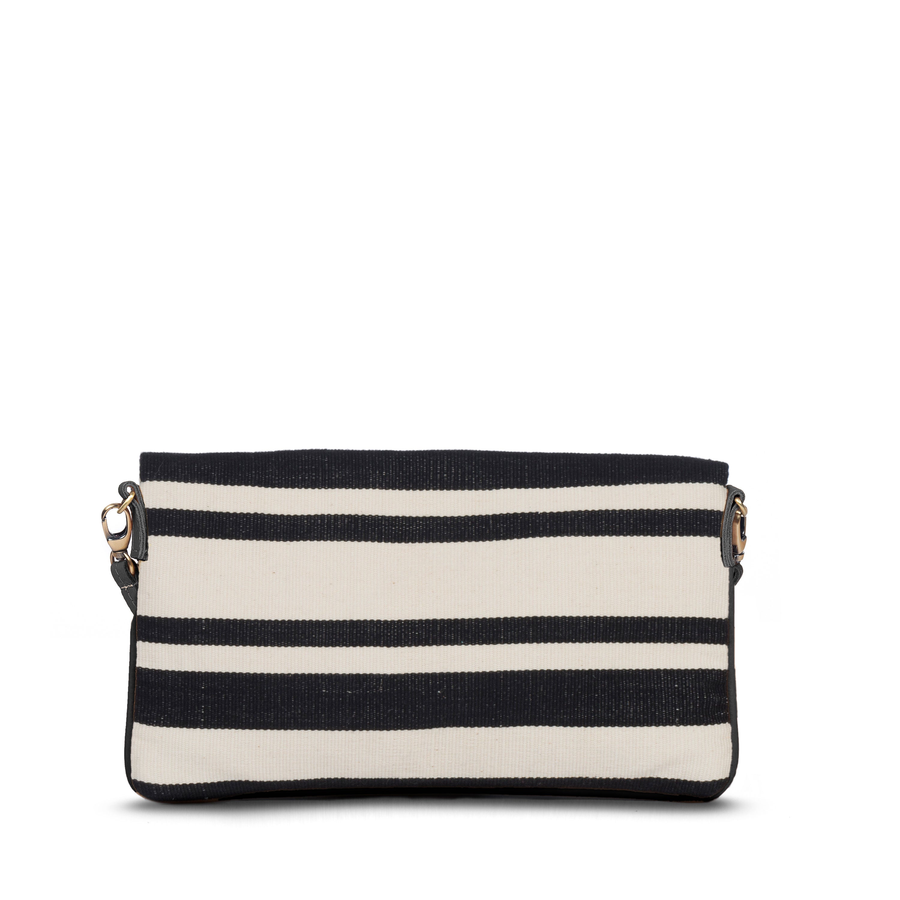 Back of the artisan hand woven Paulina Crossbody-to-Clutch bag in Black Block Stripe. The back pattern has horizontal black and white stripes.