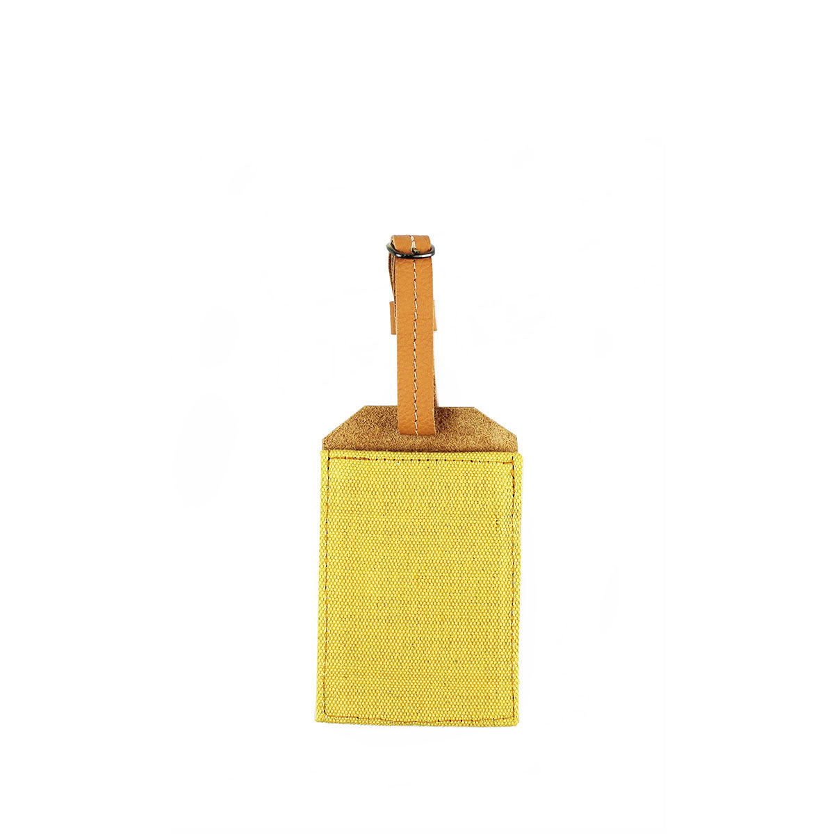 Ines Handwoven Yellow Luggage Tag. The back has a solid woven yellow fabric. It has a leather loop with a mini buckle to adjust for length.
