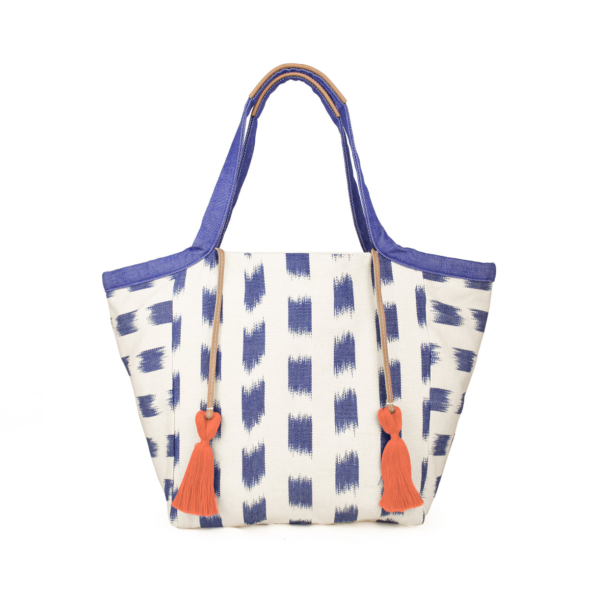 Hand woven artisan Rosa Tote in Brushstrokes pattern. The pattern has blue flamestitched rectangles. It has two orange tassels attached to a leather cord. It has leather detailing on the handles.