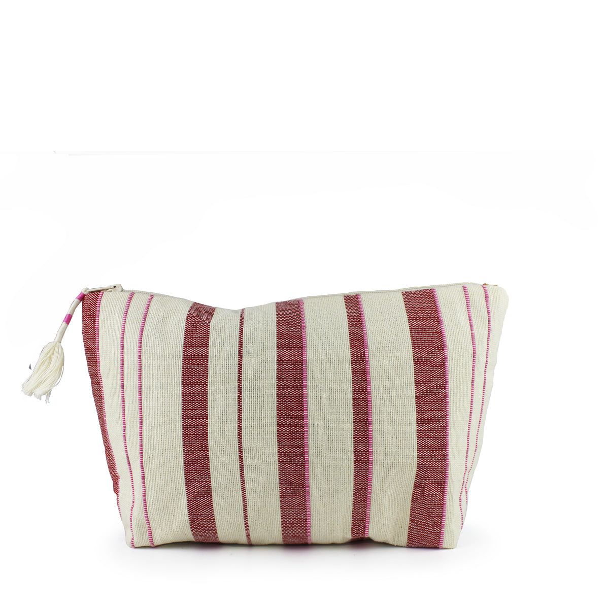 Front of the hand woven artisan Cristina Cosmetic Pouch in Denim Sunset. The front has red, pink, and white vertical stripes in various widths. It has a white tassel with pink wrapped stripes attached to the zipper.