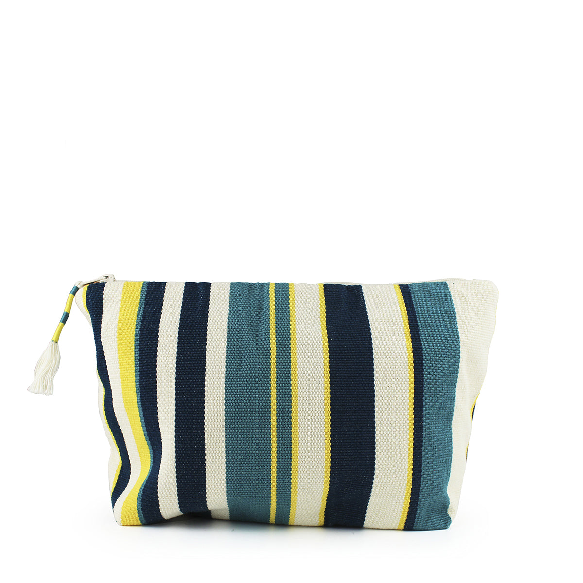 Front of the hand woven artisan Cristina Cosmetic Pouch in Denim Pacific.  The front pattern has vertical dark blue, turquoise, lemon yellow, and beige stripes. It has a tassel with wrap around yellow and turquoise thread.