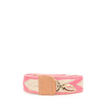 The hand woven artisan Selena Detachable Strap shown rolled. It displays one end of the leather hem and clip.