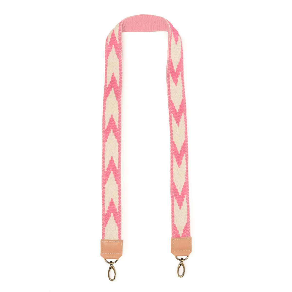 Artisan Selena Handwoven Detachable Strap in Strawberry Gum pattern. The pattern has white arrows over a pink background. It has leather hems and lobster claw clips.