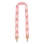 Artisan Selena Handwoven Detachable Strap in Strawberry Gum pattern. The pattern has white arrows over a pink background. It has leather hems and lobster claw clips.