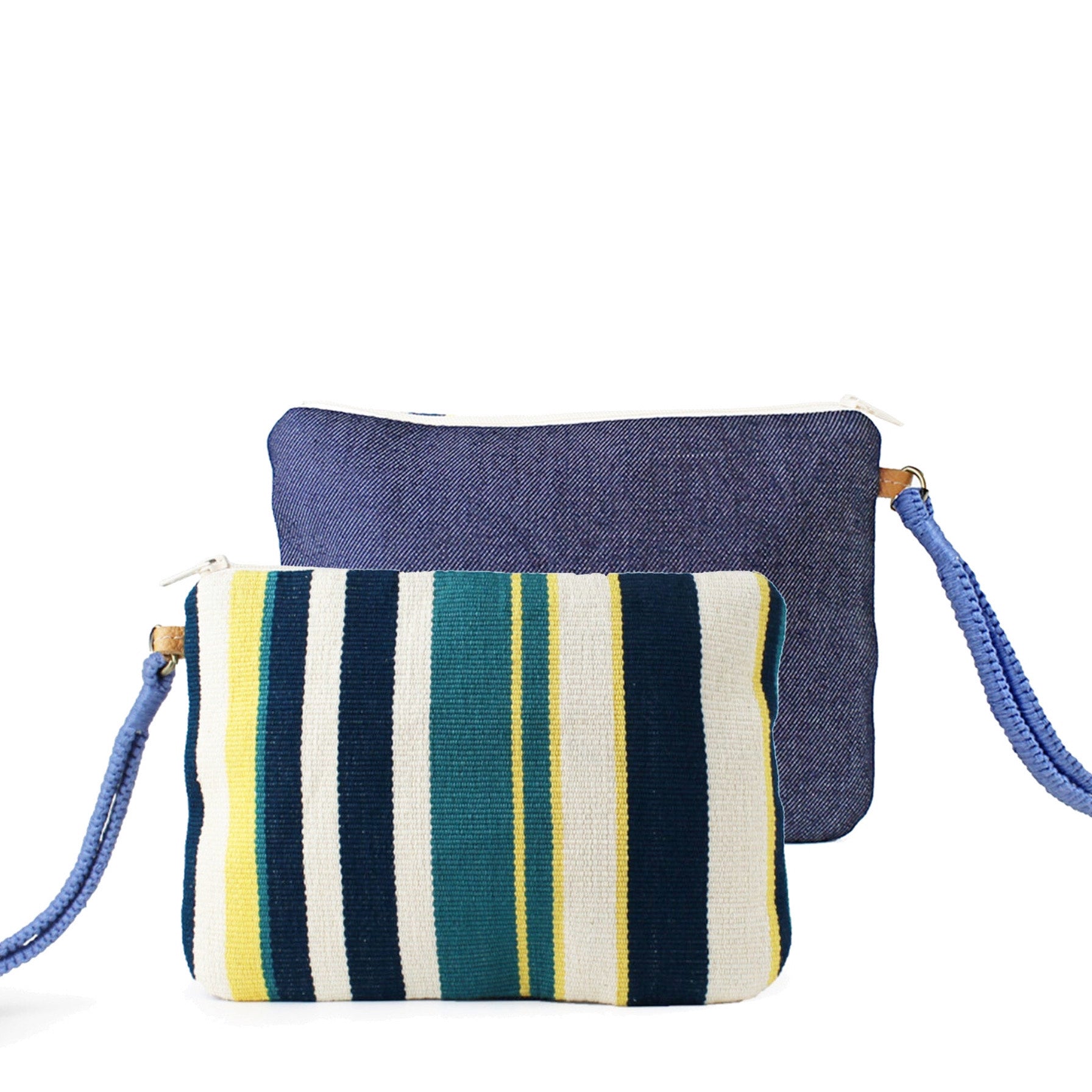 Mini Lily Handwoven Wristlet Clutch Denim Pacific. Two wristlets are in the photo, one showing the front and other showing the back pattern. The front pattern has vertical dark blue, turquoise, and lemon yellow stripes. It has a woven blue hand strap.